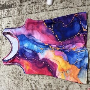 Girls Rash Guard Swim Shirt Colorful Alcohol Ink Marble Rainbow Swimsuit Top L